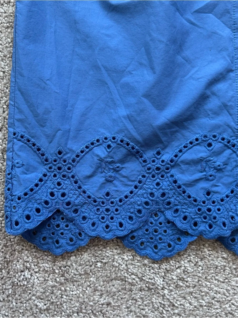 SUNDAYS Blue Eyelet Embroidered Ruffle Neck Top Small (AS IS Tear under arm)